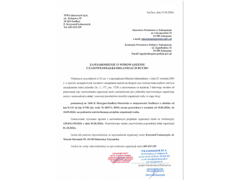 Czasowa organizacja ruchu na drodze powiatowej Szaflary – Ostrowsko